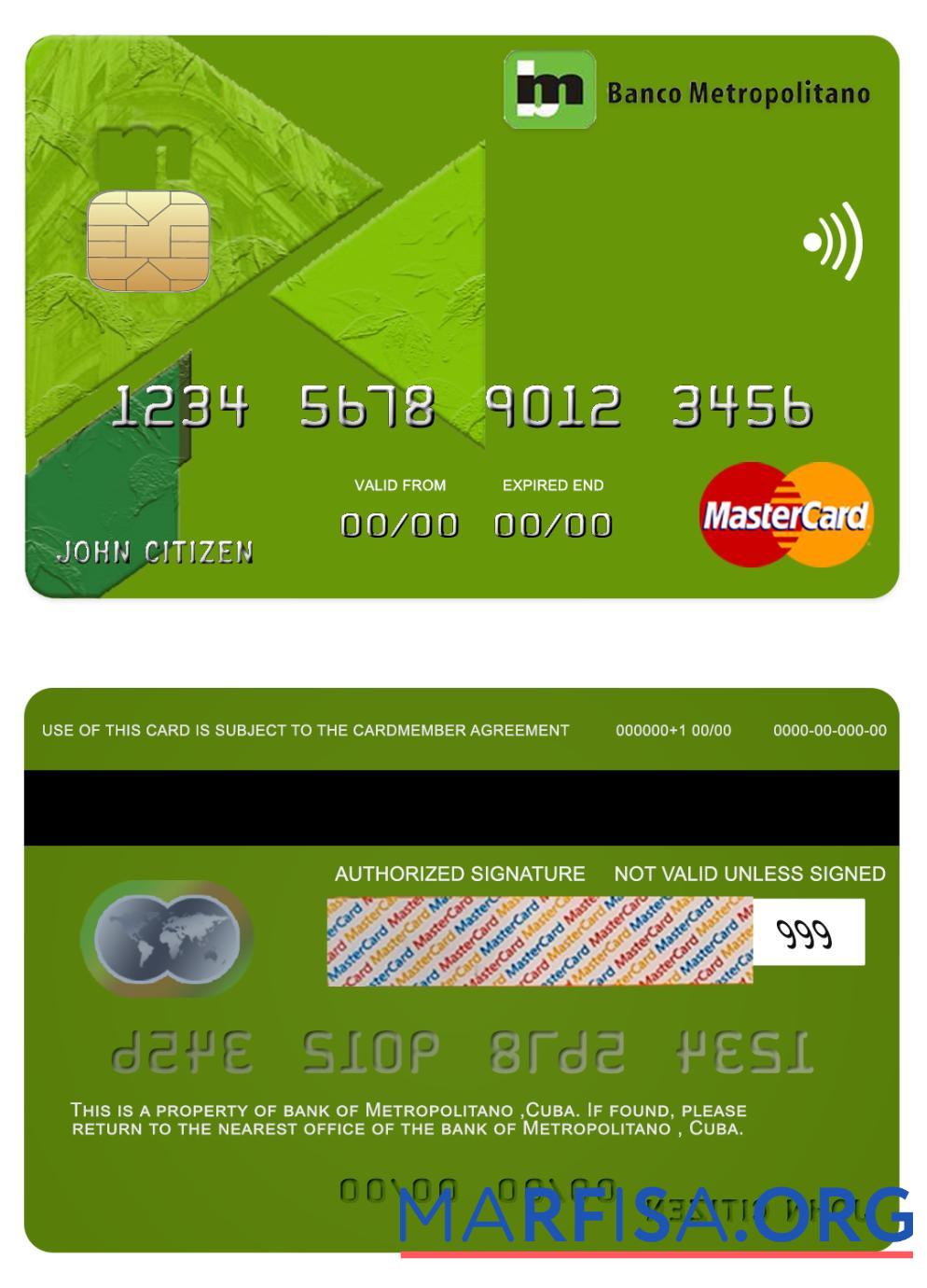 Printable Cuba Metropolitano bank mastercard sample